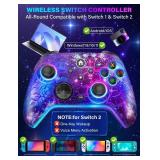Wireless Switch Pro Controller for Nintendo SwitchOLEDLiteSwitch 2, 1200mAh Rechargeable Switch Controllers with 10 Colors LED and Cool Galaxy Nebula Design, Wake Up, Turbo, Vibration, Motion Control