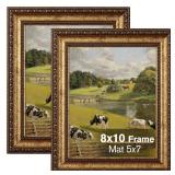 Splinterix 8x10 Gold Picture Frame, 2 Pack Ornate Vintage Picture Frames for Wall or Tabletop Display, 8x 10 Photo Frame Gold with Real Glass, Display Poster 5x7 with Mat or 8x10 without Mat for Antiq