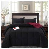 HIG 3pc Down Alternative Comforter Set - All Season Reversible Comforter with Two Shams - Quilted Duvet Insert with Corner Tabs - Box Stitched - Super Soft, Fluffy (KingCal King, Black)