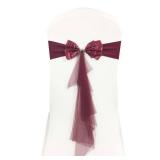 iEventStar 10pcs Ready to Use Spandex Stretch Chair Band with Double Satin Bows and Sashes Chair Sashes Bow for Beach Wedding Party Decoration (10, Burgundy)