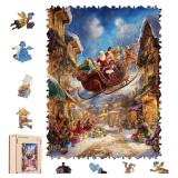 MEATRN Christmas Santa Sleigh Wooden Puzzles for Adults and Kids - 200 Pcs, Luxury Shaped Wood Jigsaw Puzzle, 8.9\x11.8\in, Challenging Holiday Family Game, Home Decorin