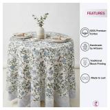 ATOSII Mahoka Blue 100percent Cotton Round Tablecloth, Block Print Floral Table Cloth for Dining, Parties, Weddings, Outdoors, Holidays I 72\ Inches, 4 Seater I Grandmillennial Farmhouse Boho Summerin