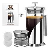 Cafe Du Chateau Stainless Steel French Press Coffee Maker 34 oz - Easy to Use Insulated Coffee Press with 4-Level Filtration, Manual Brewer for Tea, Camping and Travel with BPA Free, Durable Clear Gla
