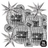 Inflatable Disco Ball Balloons Pack of 14 - 22 Silver Mylar Foil Disco Party Balloons with Star Balloons, Ribbon and Pipe for New Yearfts Disco Ball Decorations Party, Bachelorette, Birthday Décor