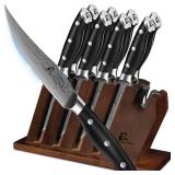 CoquusAid Steak Knives Set of 8 with Block Built-in Sharpener, 4.8 Inch Non Serrated Razor-Sharp Durable Dinner Knives, German Stainless Steel Damascus Pattern Full Tang Forged, Easy to Maintain