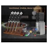 CoquusAid Steak Knives Set of 8 with Block Built-in Sharpener, 4.8 Inch Non Serrated Razor-Sharp Durable Dinner Knives, German Stainless Steel Damascus Pattern Full Tang Forged, Easy to Maintain