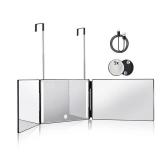 HIEEY 3 Way Mirror for Hair Cutting with LED,360 Trifold with Height Adjustable Telescoping Hooks,and 5X Magnification,for Makeup and Styling (Black)