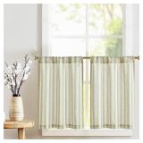 jinchan Striped Linen Kitchen Tier Curtain Farmhouse Cafe 30 Inch Small Window Balanced Stripe Half Window Curtains for Living Room Bathroom Laundry 2 Panels Green on Linen