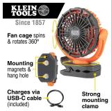 Klein Tools PJSFM1 Cordless Rechargeable Fan with USB-C Charging Cord and Multiple Mounting Options Perfect for the Jobsite