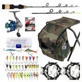 QualyQualy Ice Fishing Rod Reel Combo Complete Set Ice Fishing Gear with Backpack Seat Ice Cleats Ice Fishing Jigs Line Full Ice Fishing Kit
