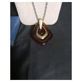Geometric Brown Lucite Pendant Necklace with Silver Chain