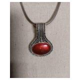 Red Glass Cabochon Silver Tone Pendant Necklace