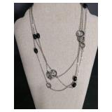Long Silver Chain Necklace with Black Beads and Crystal Accents