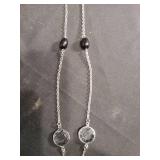 Long Silver Chain Necklace with Black Beads and Crystal Accents