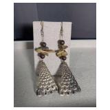 Silver Cone Dangle Earrings with Wood Beads