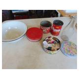 Collectible tins and enamel bowl