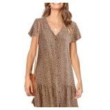 Women's Polka Dot V Neck Button Down Ruffles Loose Mini Short T-Shirt Dress - Retail: $30