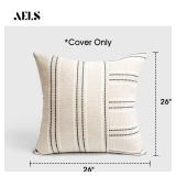 26x26 Decorative Farmhouse Linen Throw Pillow Covers, Boho Textured Pillow Case, Set of 2, Beige with White & Black Stripe Patchwork Cushion Cover for Sofa Couch Living Room (Cover ONLY) - Retail: $14