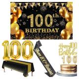 100th Birthday Decorations Men Women with 100th Birthday Banner, Black and Gold Table Cloth, Number Balloons, Large Sash,Cake Topper and Candles - Retail: $19