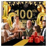 100th Birthday Decorations Men Women with 100th Birthday Banner, Black and Gold Table Cloth, Number Balloons, Large Sash,Cake Topper and Candles - Retail: $19