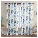 Blue Flower Curtains 96 Inches Long 2 Panels Set Floral Sheer Curtains for Living Room Bedroom Rod Pocket Linen Textured Light Filtering Large Window Drapes Dining Room Rustic Decor, 52x96 Inch Length