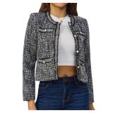 Women's Tweed Blazers Cropped Long Sleeve Crewneck Open Front Lace Trim Lightweight Plaid Work Blazer Jackets (Black Grey White, XL) - Retail: $50