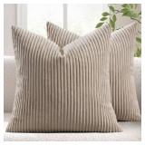 MIULEE Pack of 2 Corduroy Soft Solid Decorative Square Throw Pillow Covers Cushion Cases Pillowcases for Sofa Bedroom Car 18 x 18 Inch 45 x 45 Cm Light Brown - Retail: $15