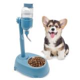 Dog Water Feeder Bottle with Stand, Dispenser Automatic Water Food Bowl for Cage No-Drip Leak-Proof Adjustable Raised Pet Slow Water Bottle Dog Kennel Durable Drinker (Blue, 17oz)