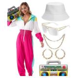 Women Hoodies Jumpsuit Set, 80s 90s Neon Costume Tracksuit Outfit One Piece Windbreaker Jacket Rapper Suit(Pink-C-S) - Retail: $44