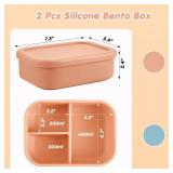 2 Pcs Silicone Bento Box Reusable Silicone Bento Lunch Container for Adults Microwave Dishwasher Freezer Safe (3 Compartments,Orange,Gray Blue) - Retail: $23
