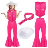 4 Pcs Pink Cowgirl Costume Girls 70s 80s Disco Outfits Movie Heroine Dress Up Set for Halloween Cosplay Birthday Party(140 cm) - Retail: $34