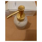 Sand Beige Hand Soap Dispenser for Bathroom and Kitchen with Matte Gold Pump, Lotion, Dish Soap, Multiuse, Luxury Farmhouse Style, Sandstone Finish, Rust Proof, 7oz (Matte Gold) - Retail: $27