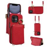 Wallet Case for iPhone 12 Mini 5.4 with Shoulder Strap Ring Buckle, Luxury PU Leather Zipper Flip Organ Purse, Card Holder Stand Cell Phone Cover for iPhone12mini 5G i 12s iPhone12 12mini Red - Retail