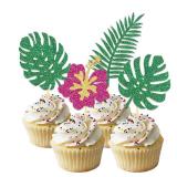 24Pcs Glitter Tropical Cupcake Toppers, Palm Tree Cake Topper Aloha Cupcake Picks Flower Cupcake Decorations for Luau Hawaiian Theme Baby Shower Birthday Party Supplies(Leaves B) - Retail: $8