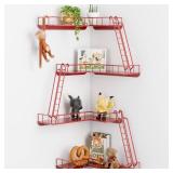 Fire Escape Wall Shelf - Modern City Style 4-Tier Corner Wall Shelves, Easy to Install Metal Ladder Shelf for Figures, New York Decorative Shelves for Bathroom, Living Room & Home Decor, Red - Retail: