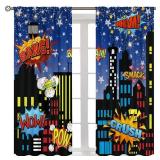 Superhero City Curtains,Cartoon Art Fun Explosion City Skyline Night Print Rod Pocket Window Treatments Drapes for Boys Girls Nursery Bedroom Living Room 42 W X 45" L - Retail: $16"