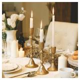Gold Taper Candle Holders Set of 3, Vintage Decorative Resin Candlesticks Centerpieces Decor for Dining Room Table Wedding Party Mantle Fireplace - Retail: $46