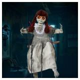 Scary Halloween Decorations Outdoor, Halloween Hanging Scary Swing Girl Decorations Winging White Doll with Creepy Sound and Light Up Eyes Sound, Animatronics Hanging Decor.
