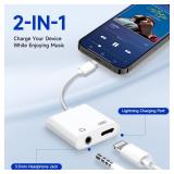 2-in-1 Charging & Audio Adapter for iPhone, Lightning to 3.5mm Headphone Jack Dongle Splitter, Supports Hi-Res Lossless Sound, Compatible with iPhone 14/13/12/11/XS/XR/8/7 2 Pack - Retail: $10