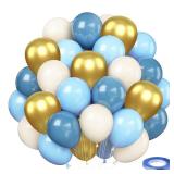Gold Royal Blue White 12 Inch Set Latex Balloons with 33 Feet Ribbon for Birthday Party, Wedding, Graduation, Bridal Shower Decorations - Retail: $9