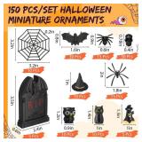 150 Pcs Halloween Miniatures Figurines Halloween Mini Resin Figures Small Tombstones Bats Spiders Skull Spider Webs Miniatures Bulk for Party Favors Bag Fillers Garden Decor