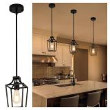 Black Lantern Pendant Light Mini Pendant Lights for Kitchen Island Pendant Light Fixture, Adjustable Rods Farmhouse Pendant Lighting for Kitchen Dining Room Foyer Hallway Bedroom (1 Pack)