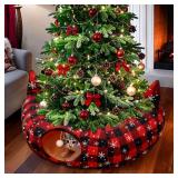 Cat Tunnel Christmas Tree Skirt, Exquisite Cat Bed Tunnel with Hanging Ball, Buffalo Plaid Christmas Tree Collar Cat Cave for Pet Indoor Outdoor Decorations - Retail: $30