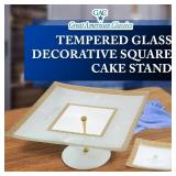 Square Cake Stand 13-Inch Tempered Glass Cake Holder with Gold Trim, Chip-Resistant, Durable & Dishwasher Safe, Dessert Stand for Parties, 6-Inch High - Retail: $26
