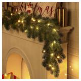 2PCS 9ft Pre-Lit Christmas Garland, Artificial Lighted Norfolk Pine Garland with Multi-Color Lights, Battery Operated Garland for Mantle Stairs Table Fireplace Xmas Decoration Outdoor & Indoor - Retai