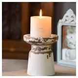Rustic Wood Candle Holders Pillar, Distressed White Candle Holder, Wooden Candlestick Farmhouse Candle Holders Vintage Pillar Candle Holder for Dining Table Centerpiece, Shabby Chic Decor - Retail: $2