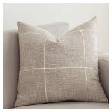 Rustic Lattice Cotton Linen Decorative Throw Pillow Cover Embroidery Square Cushion Cover Pillowcase for Sofa Bedroom Couch (Plaid Coffee, 20\"x20\") - Retail: $16
