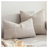 Rustic Lattice Cotton Linen Decorative Throw Pillow Cover Embroidery Square Cushion Cover Pillowcase for Sofa Bedroom Couch (Plaid Coffee, 20\"x20\") - Retail: $16