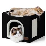 Bedsure Cat Beds for Indoor Cats - Large Cat Cave for Pet Cat House with Fluffy Ball Hanging and Scratch Pad, Foldable Cat Hideaway, 16.5x16.5x13 inches, Black - Retail: $29