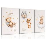 3 Pcs Framed Teddy Bear Nursery Canvas Wall Art Bear Sleeping on The Moon and Stars Wall Decor Pictures Balloon Cloud Neutral Poster Prints for Kids Baby Room Kindergarten Home Decoration 12x16in - Re